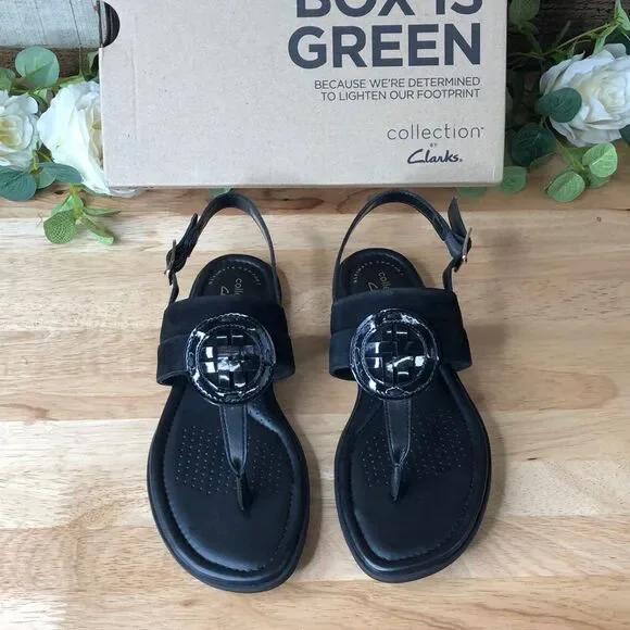 Clarks Reyna Glam Slingback Thong Sandals Black, 6.5M - Picture 1 of 6